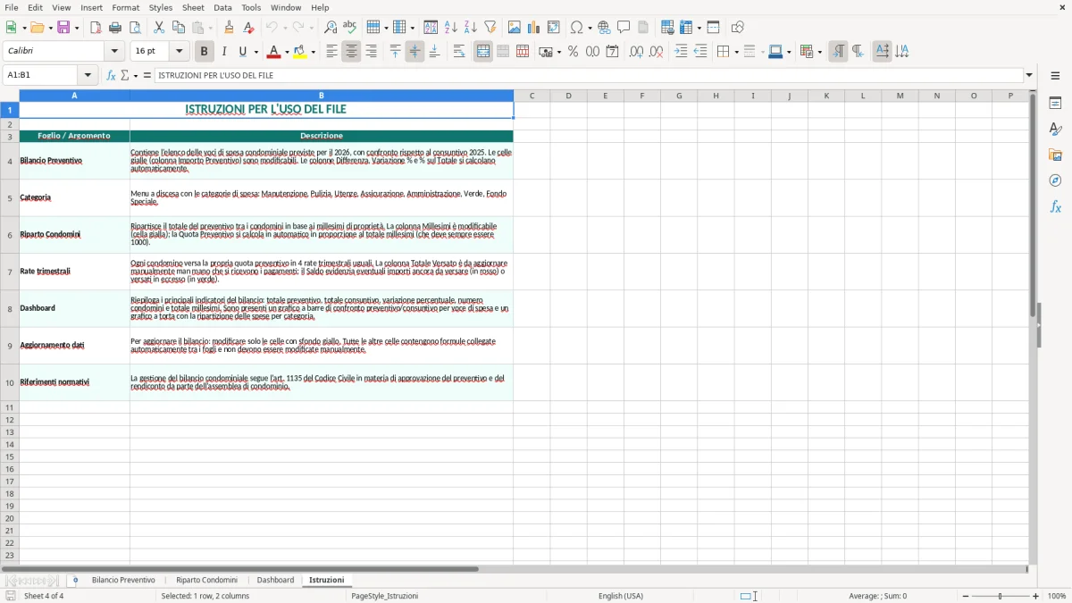 Schermata 4: scheda Istruzioni - Modello Excel bilancio preventivo condominio excel