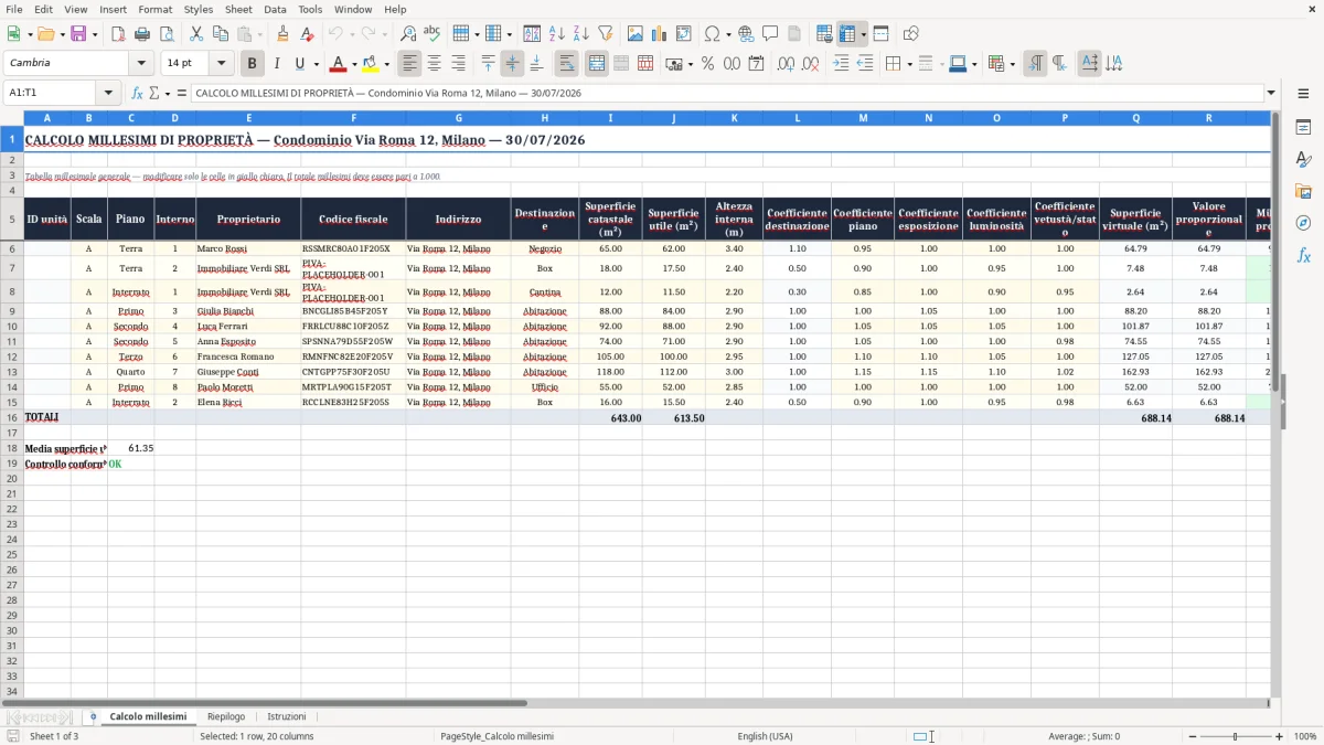 Schermata 1: scheda Calcolo millesimi - Modello Excel calcolo millesimi proprietà excel