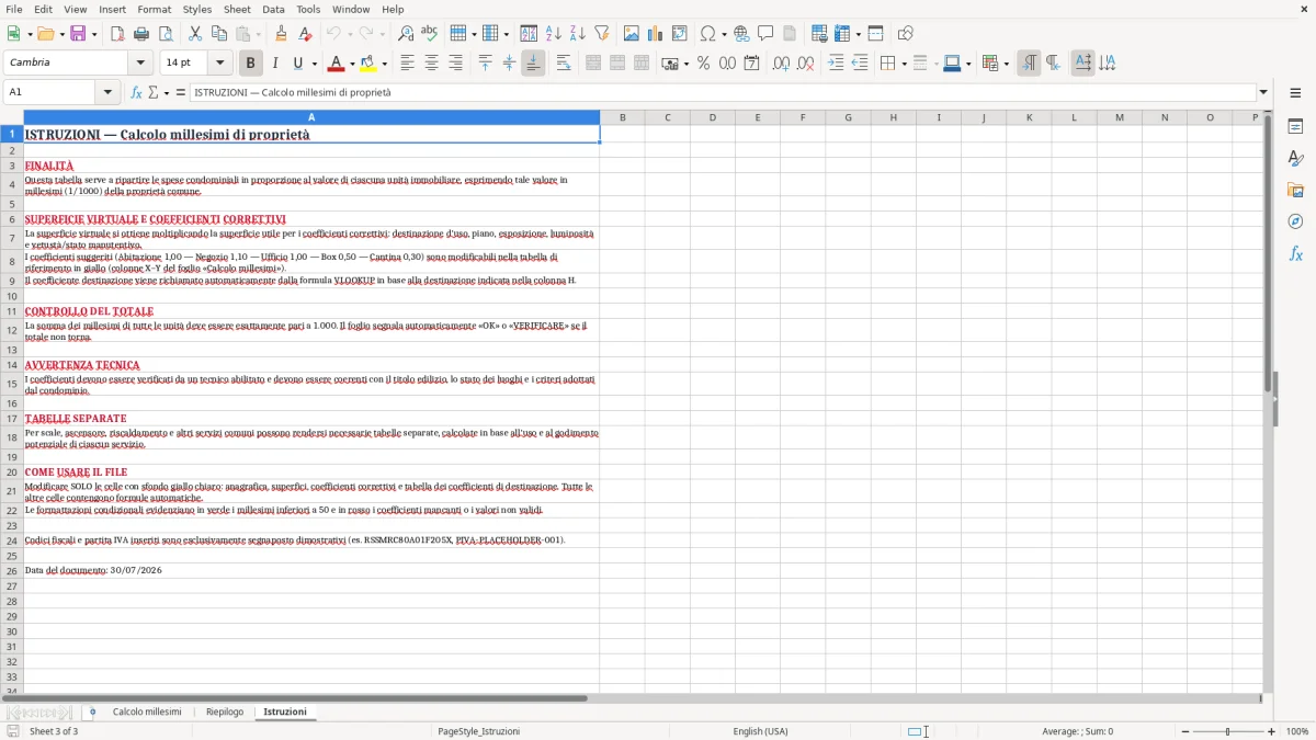 Schermata 3: scheda Istruzioni - Modello Excel calcolo millesimi proprietà excel