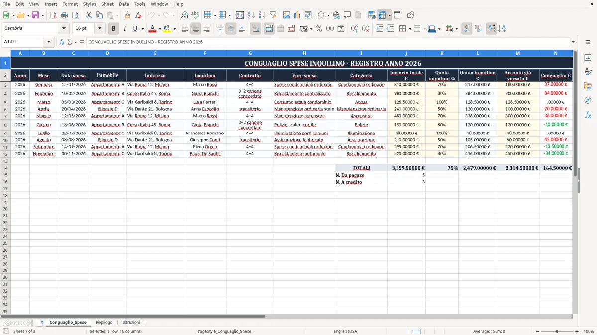 Schermata 1: scheda Conguaglio_Spese - Modello Excel conguaglio spese inquilino excel