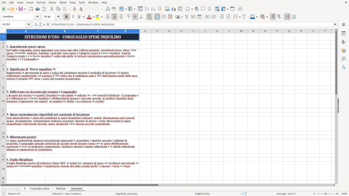 Schermata 3: scheda Istruzioni - Modello Excel conguaglio spese inquilino excel
