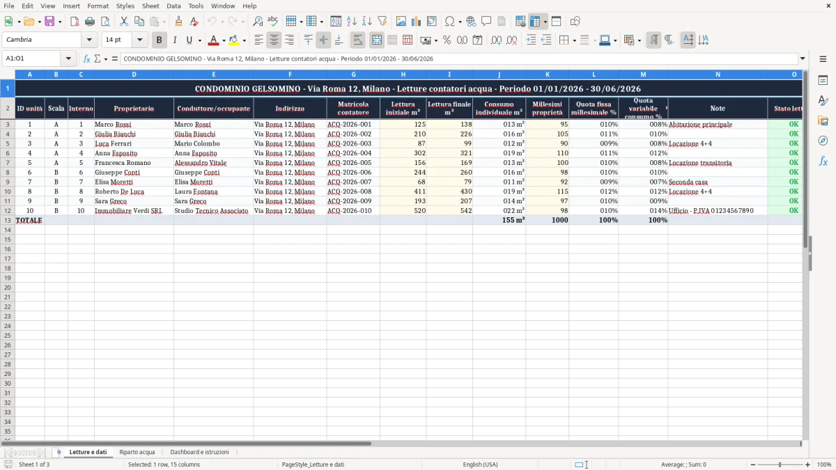 Schermata 1: scheda Letture e dati - Modello Excel consumi acqua condominio riparto excel