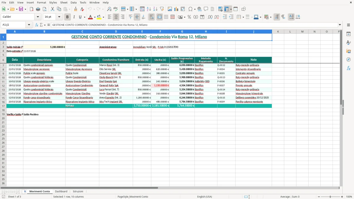 Schermata 1: scheda Movimenti Conto - Modello Excel conto corrente condominio gestione excel