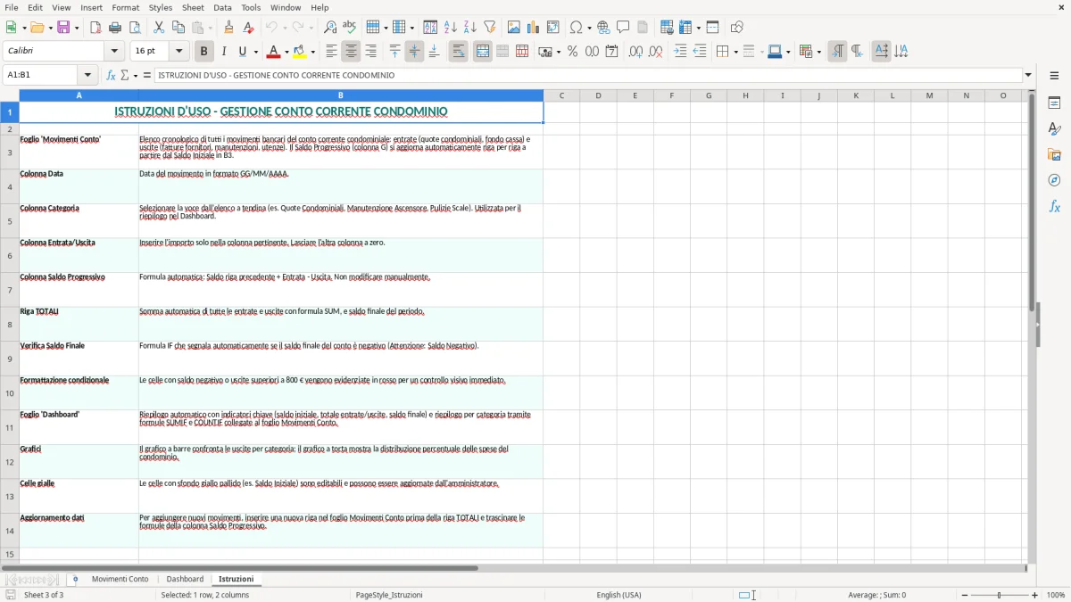Schermata 3: scheda Istruzioni - Modello Excel conto corrente condominio gestione excel