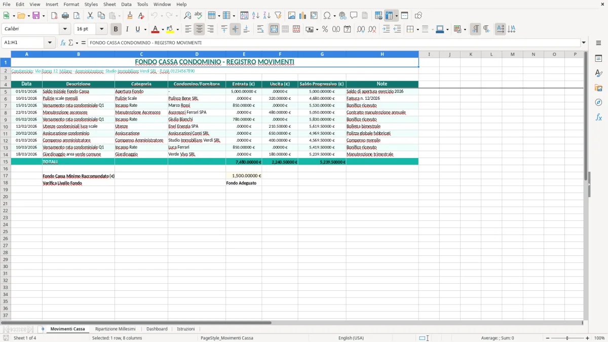 Schermata 1: scheda Movimenti Cassa - Modello Excel fondo cassa condominio excel