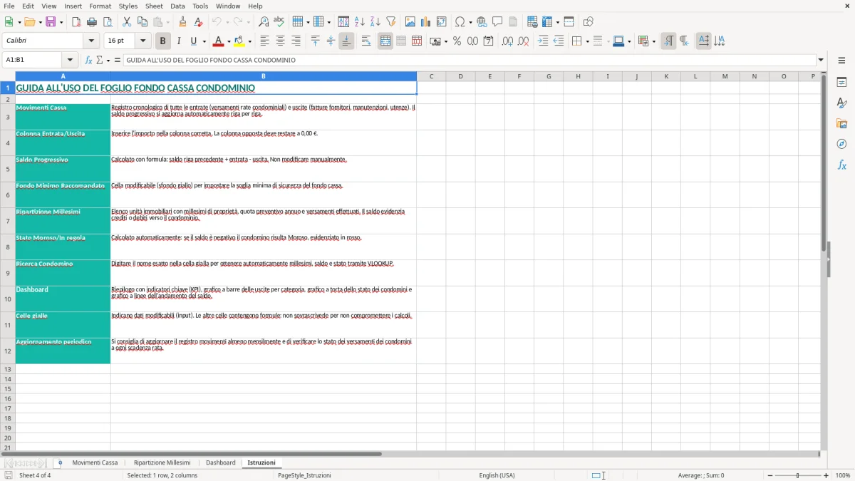 Schermata 4: scheda Istruzioni - Modello Excel fondo cassa condominio excel
