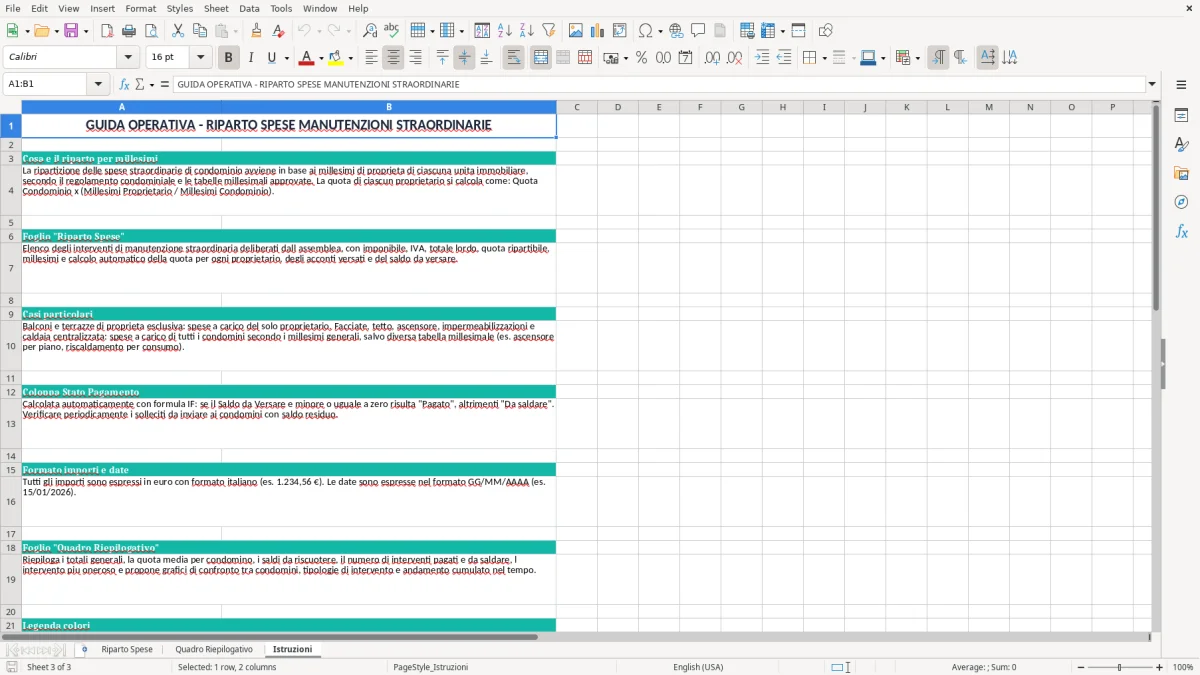 Schermata 3: scheda Istruzioni - Modello Excel manutenzioni straordinarie condominio riparto excel
