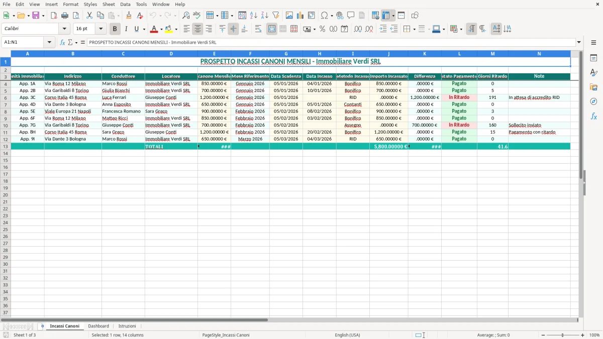 Schermata 1: scheda Incassi Canoni - Modello Excel prospetto incassi canoni mensili excel