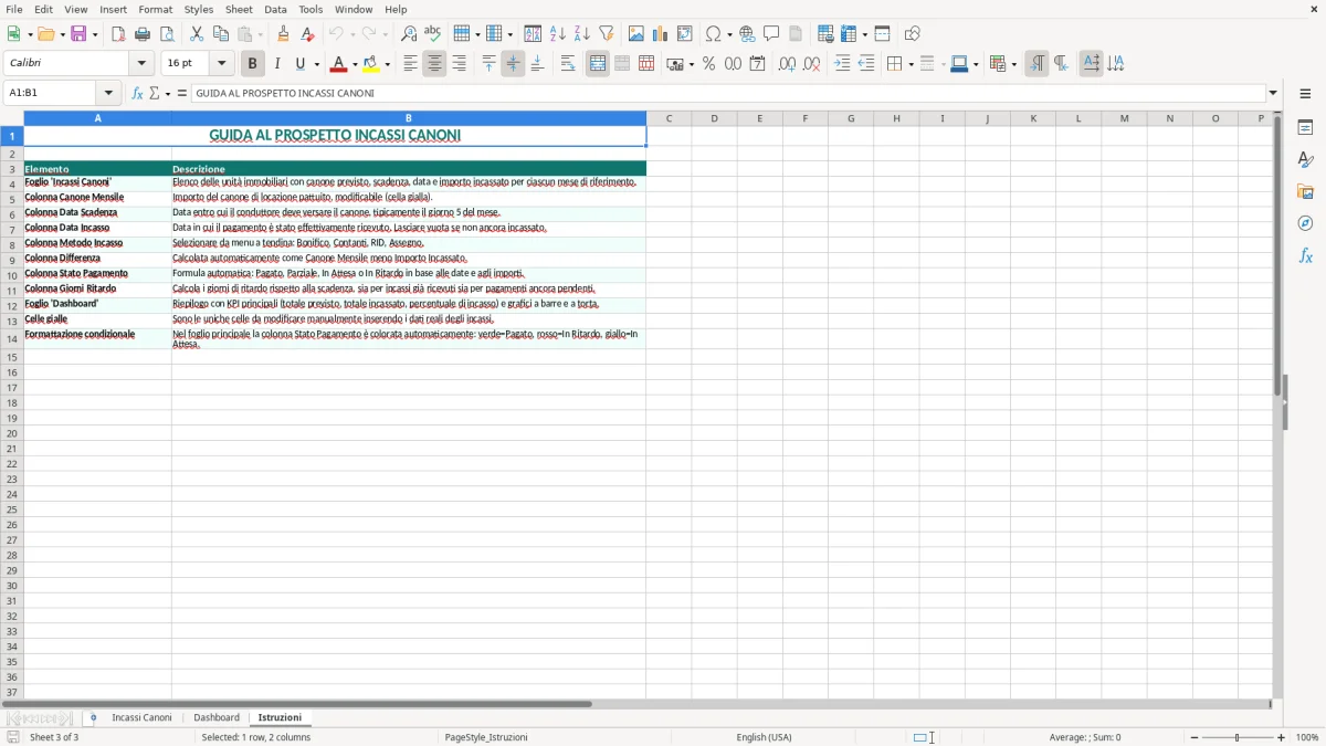 Schermata 3: scheda Istruzioni - Modello Excel prospetto incassi canoni mensili excel