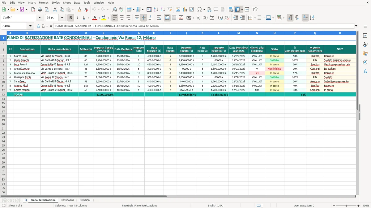 Schermata 1: scheda Piano Rateizzazione - Modello Excel rate condominiali rateizzazione excel
