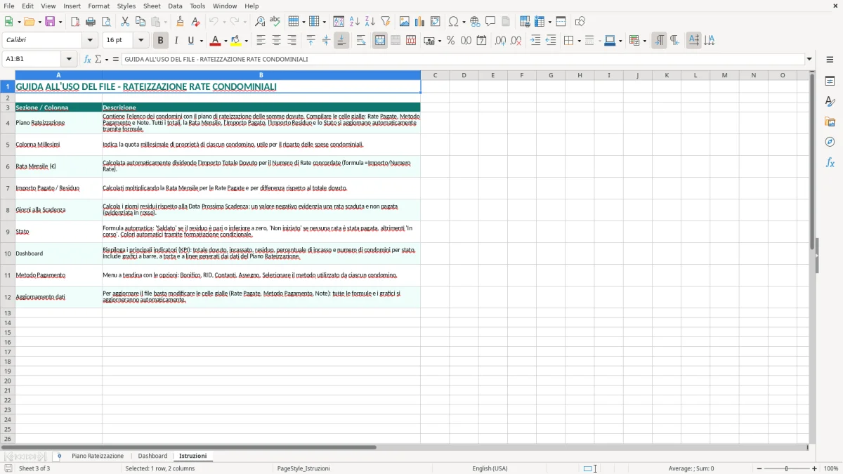 Schermata 3: scheda Istruzioni - Modello Excel rate condominiali rateizzazione excel