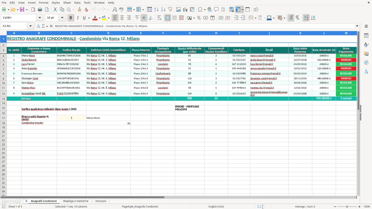 Schermata 1: scheda Anagrafe Condomini - Modello Excel registro anagrafe condominiale excel