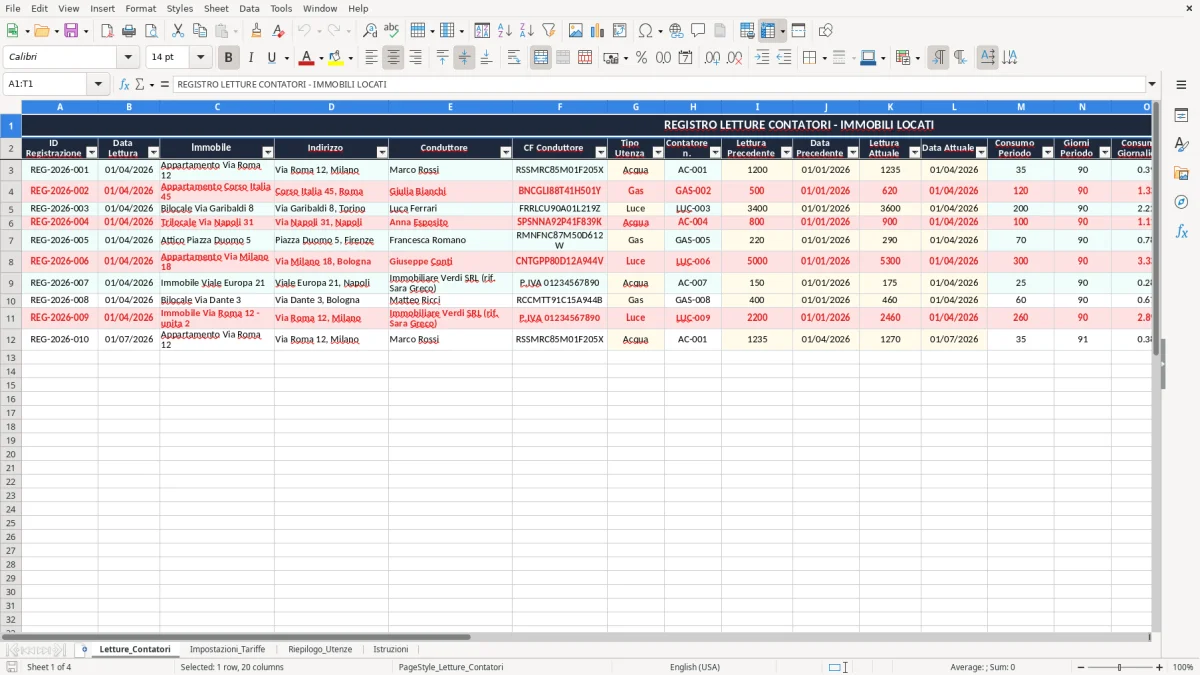 Schermata 1: scheda Letture_Contatori - Modello Excel registro letture contatori affitto excel
