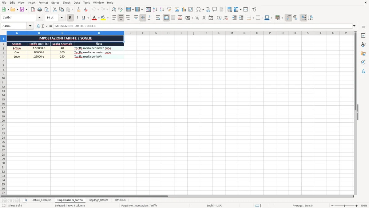 Schermata 2: scheda Impostazioni_Tariffe - Modello Excel registro letture contatori affitto excel