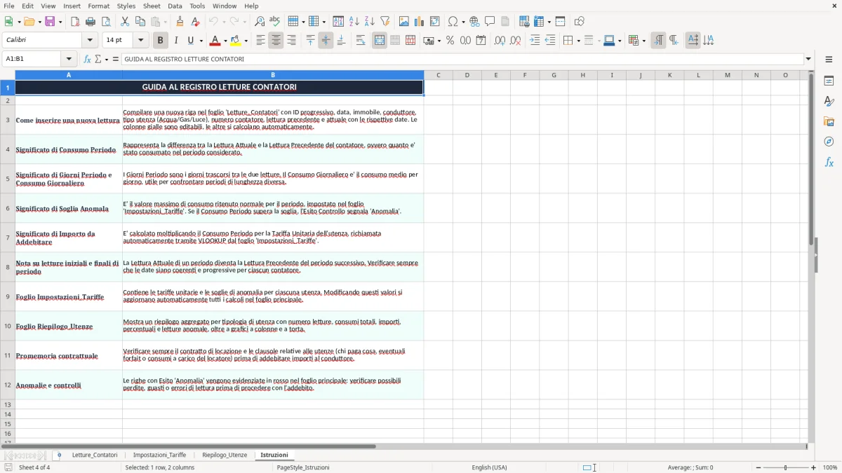 Schermata 4: scheda Istruzioni - Modello Excel registro letture contatori affitto excel