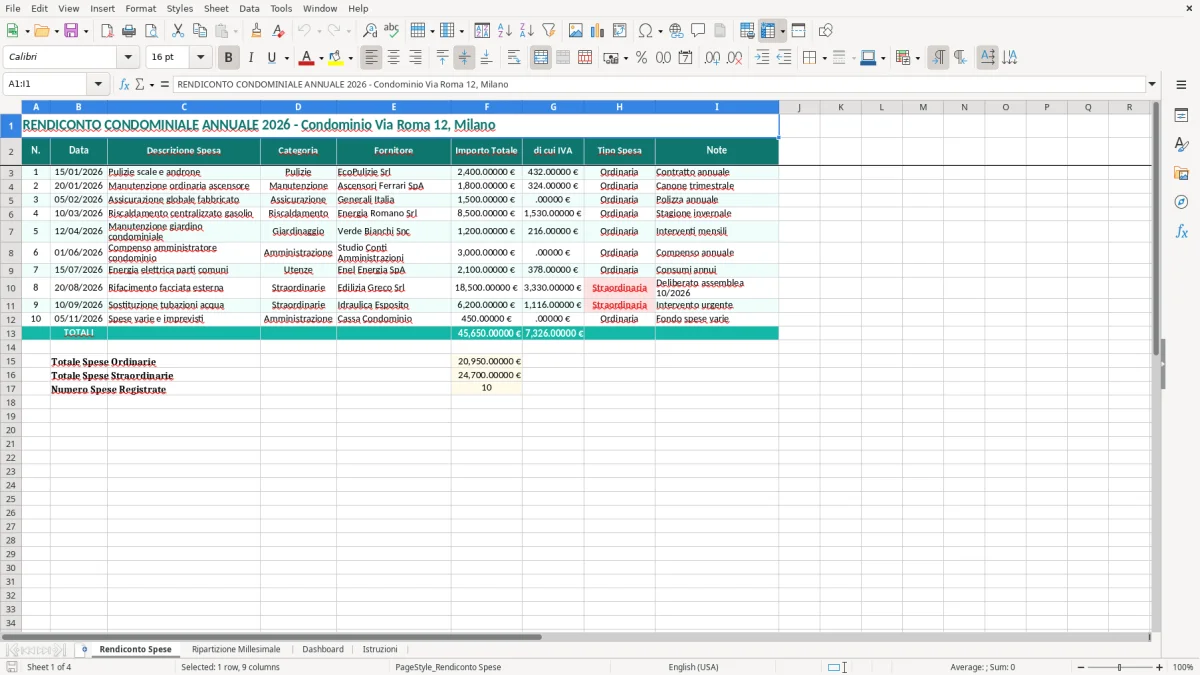 Schermata 1: scheda Rendiconto Spese - Modello Excel rendiconto condominiale annuale excel