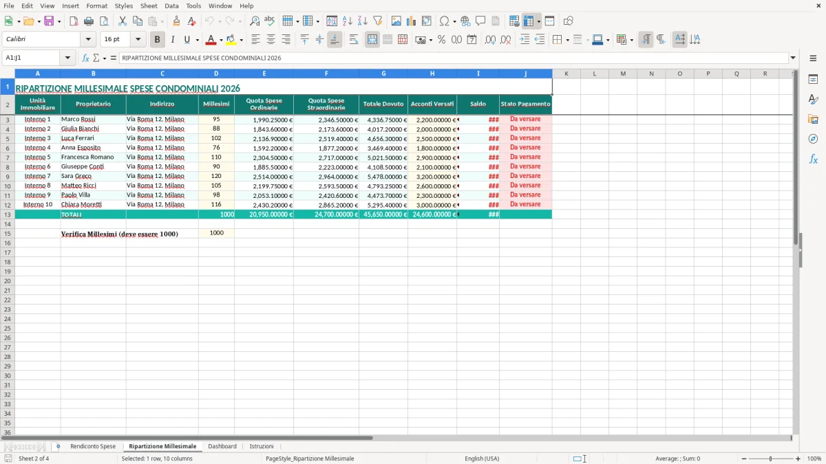 Schermata 2: scheda Ripartizione Millesimale - Modello Excel rendiconto condominiale annuale excel