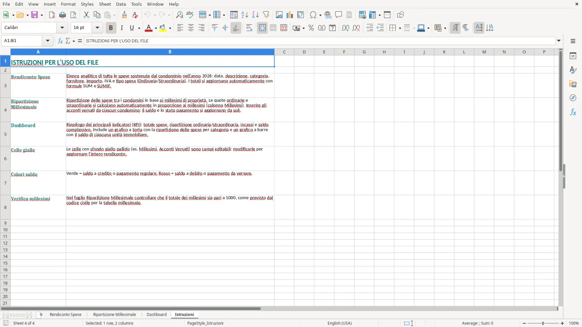 Schermata 4: scheda Istruzioni - Modello Excel rendiconto condominiale annuale excel