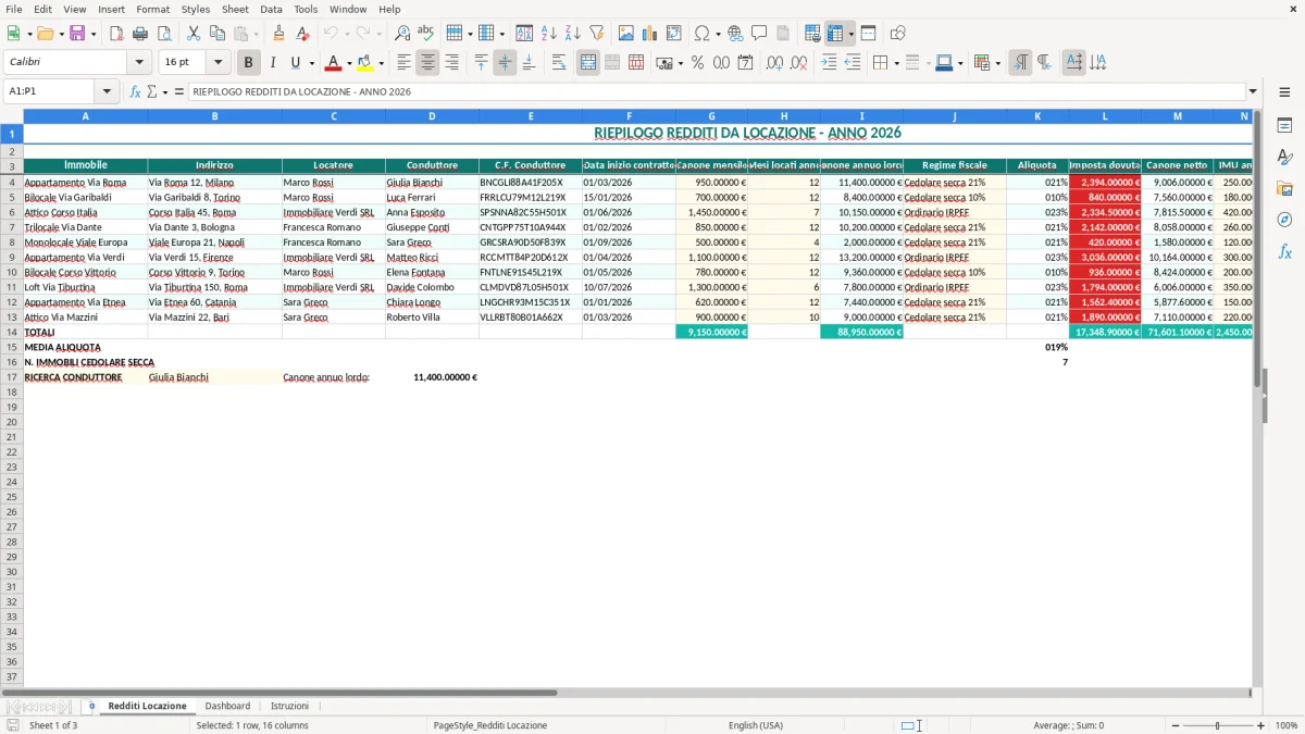 Schermata 1: scheda Redditi Locazione - Modello Excel riepilogo redditi da locazione excel