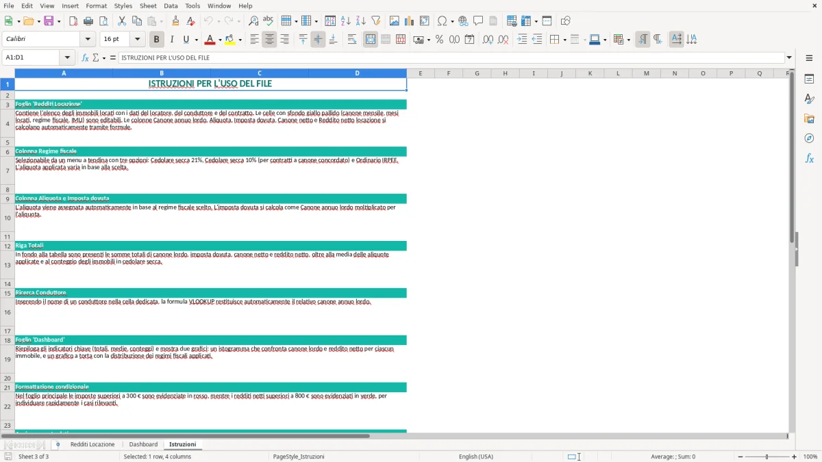 Schermata 3: scheda Istruzioni - Modello Excel riepilogo redditi da locazione excel