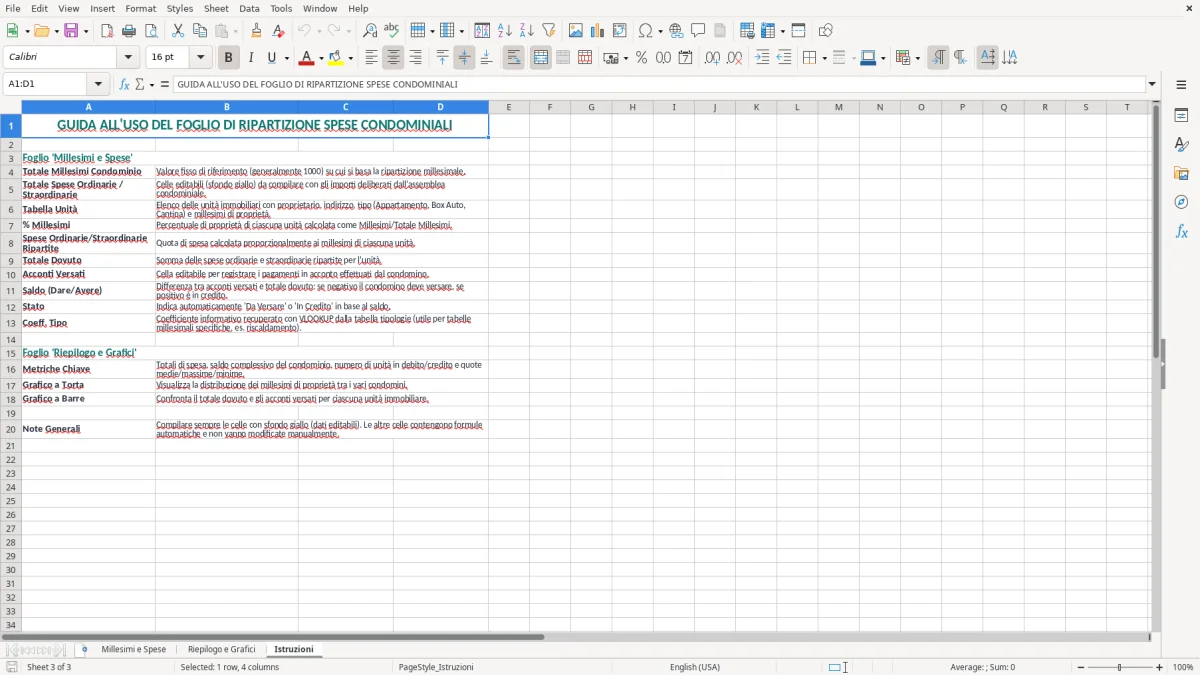 Schermata 3: scheda Istruzioni - Modello Excel ripartizione spese condominiali millesimi excel