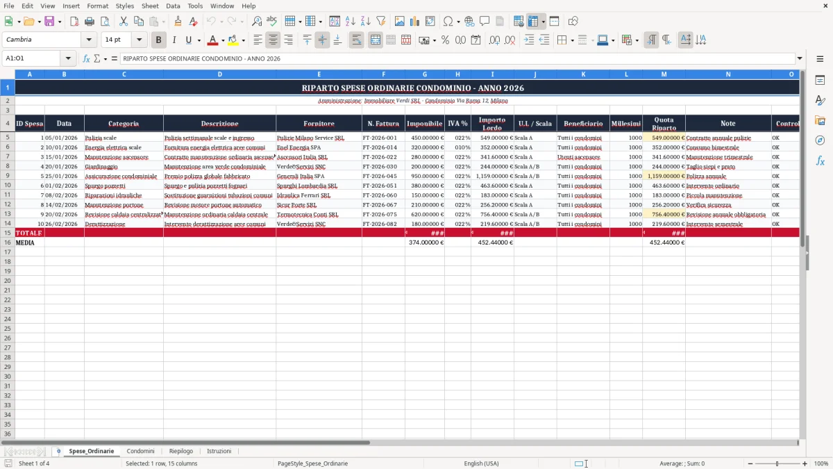 Schermata 1: scheda Spese_Ordinarie - Modello Excel riparto spese ordinarie condominio excel