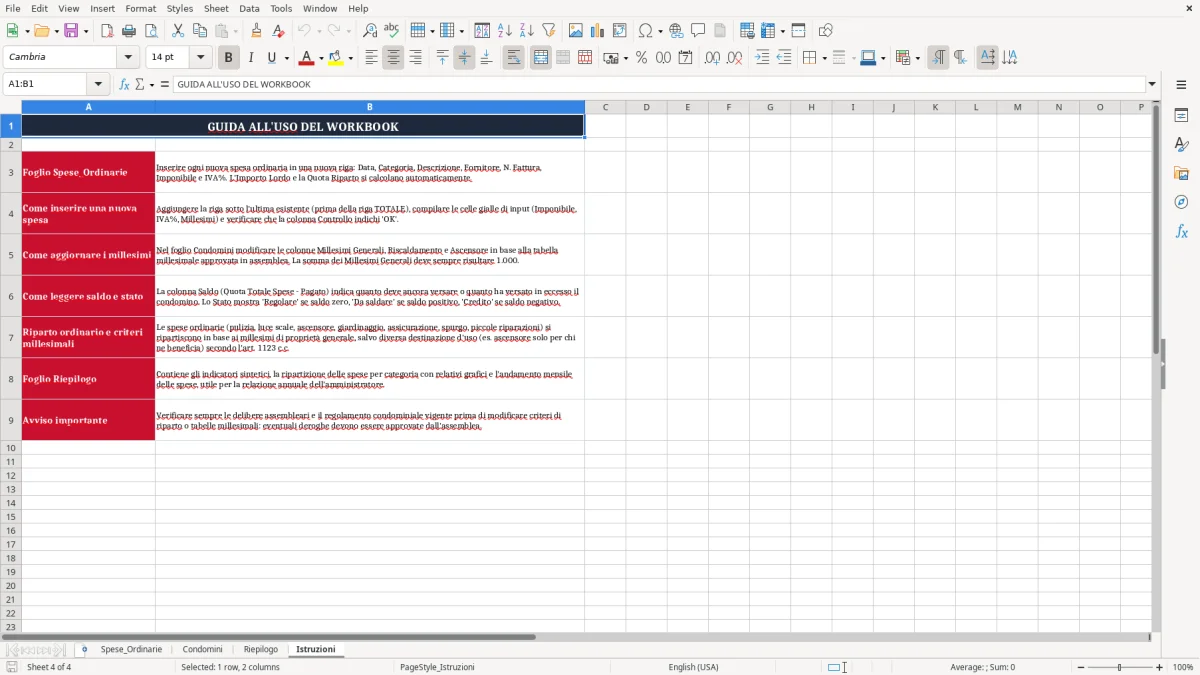 Schermata 4: scheda Istruzioni - Modello Excel riparto spese ordinarie condominio excel