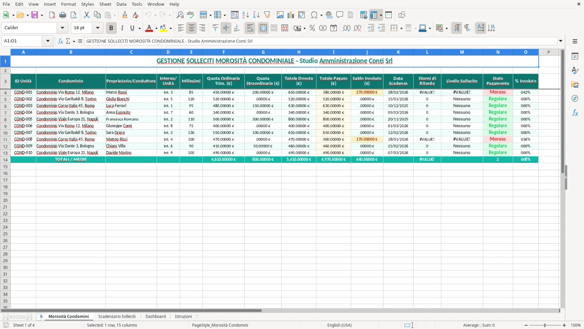 Schermata 1: scheda Morosità Condomini - Modello Excel solleciti morosità condomini excel