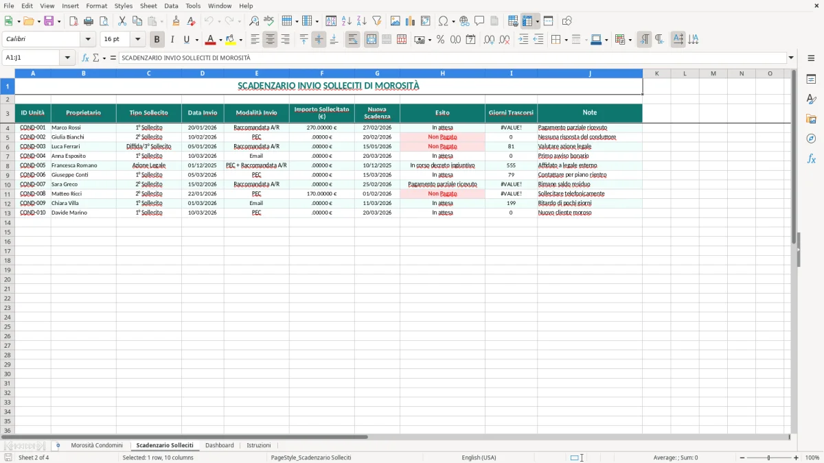 Schermata 2: scheda Scadenzario Solleciti - Modello Excel solleciti morosità condomini excel