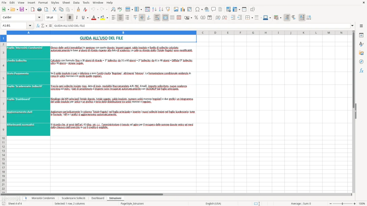 Schermata 4: scheda Istruzioni - Modello Excel solleciti morosità condomini excel