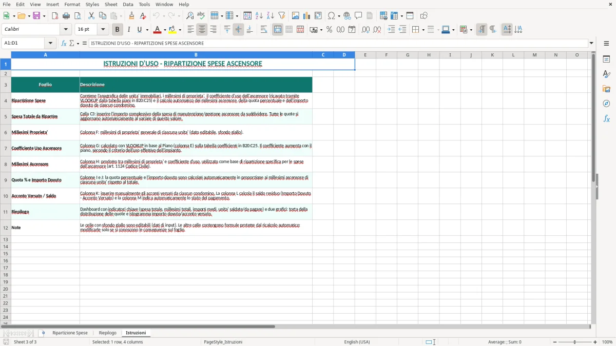Schermata 3: scheda Istruzioni - Modello Excel spese ascensore millesimi ripartizione excel