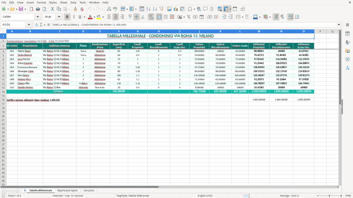 Schermata 1: scheda Tabella Millesimale - Modello Excel tabelle millesimali condominio excel