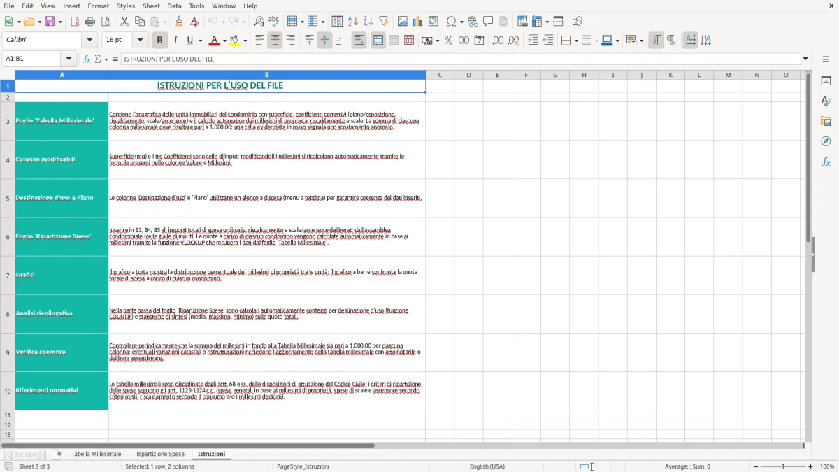 Schermata 3: scheda Istruzioni - Modello Excel tabelle millesimali condominio excel
