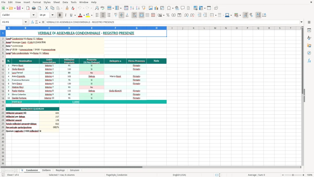 Schermata 1: scheda Condomini - Modello Excel verbale assemblea condominio excel