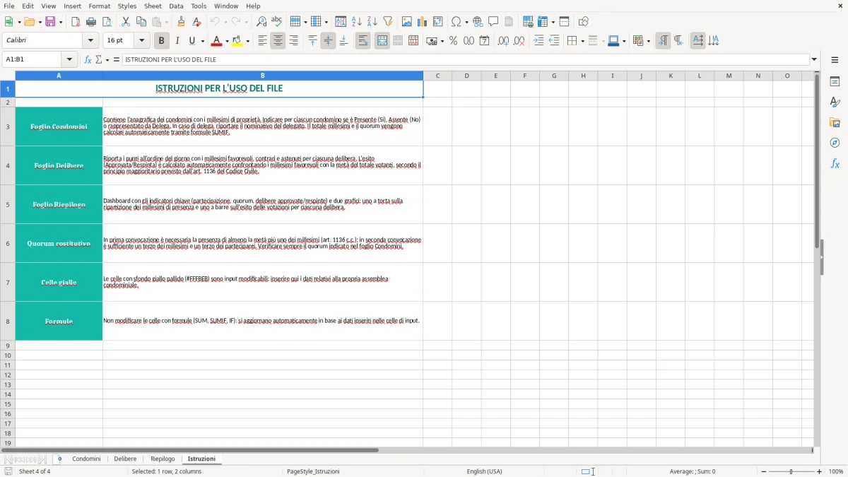 Schermata 4: scheda Istruzioni - Modello Excel verbale assemblea condominio excel
