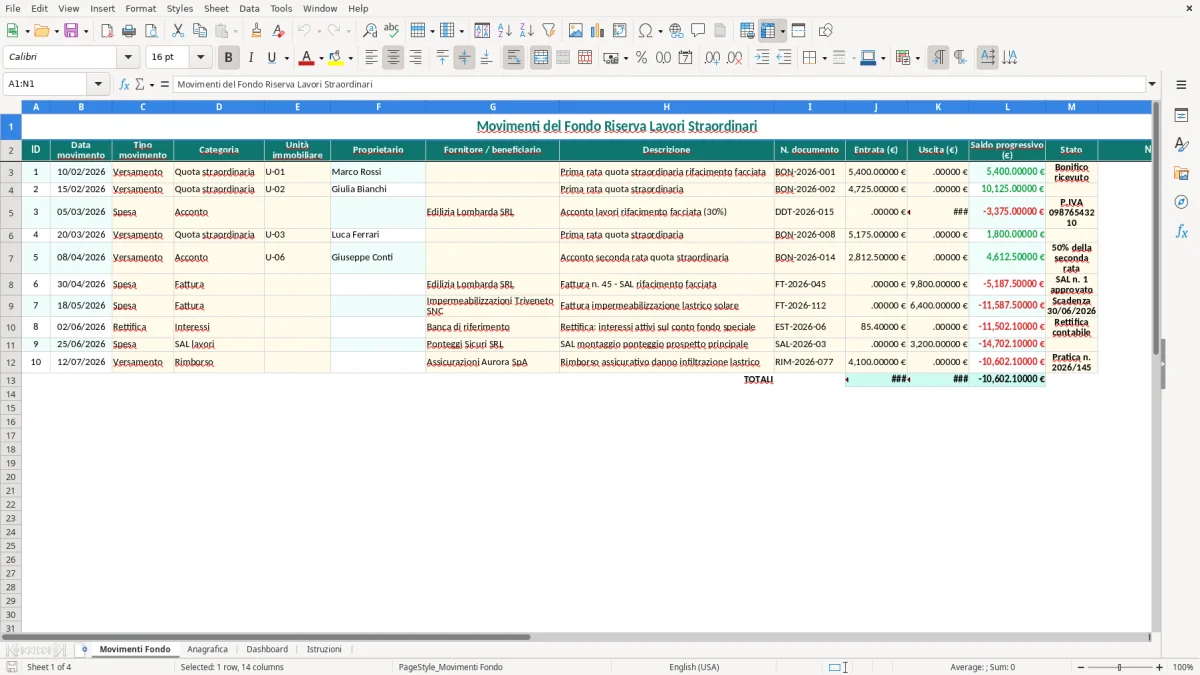 Schermata 1: scheda Movimenti Fondo - Modello Excel fondo riserva lavori straordinari excel