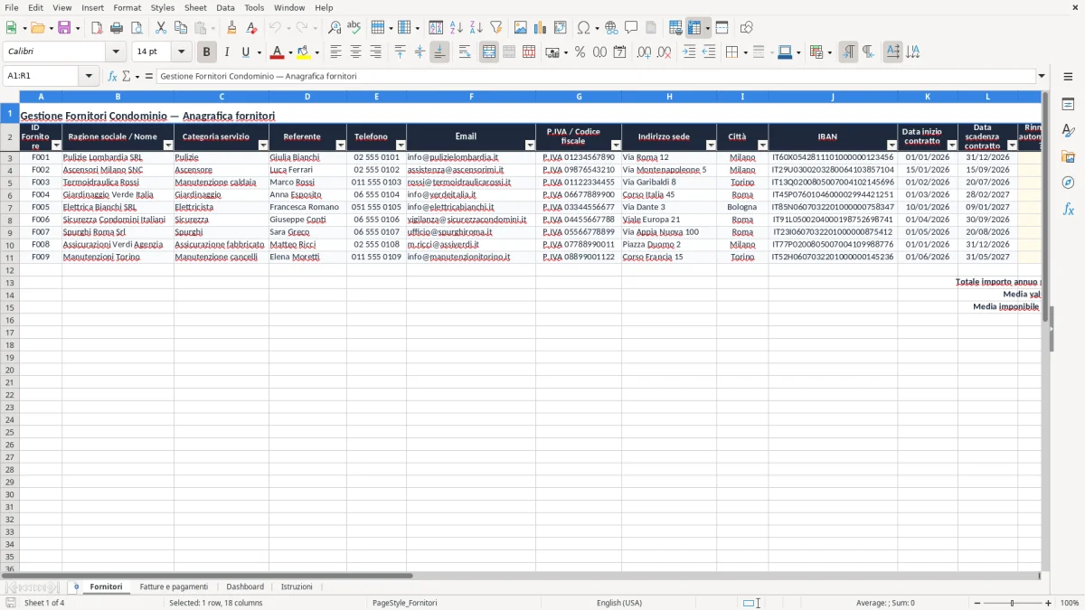 Schermata 1: scheda Fornitori - Modello Excel gestione fornitori condominio excel