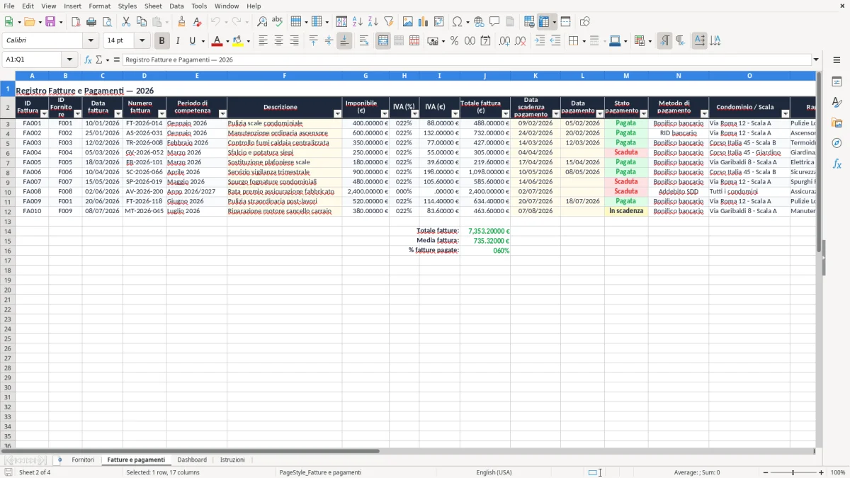 Schermata 2: scheda Fatture e pagamenti - Modello Excel gestione fornitori condominio excel