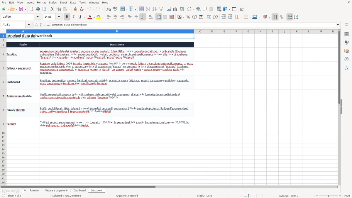 Schermata 4: scheda Istruzioni - Modello Excel gestione fornitori condominio excel