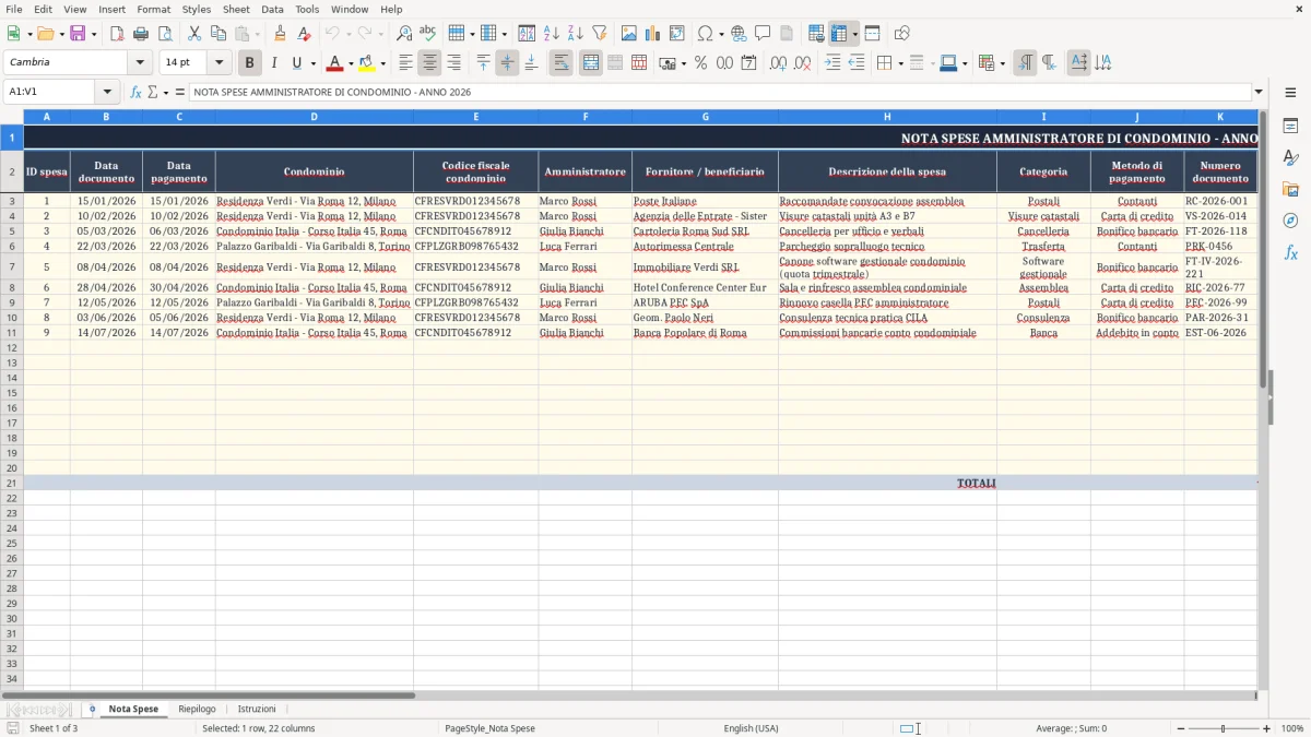 Schermata 1: scheda Nota Spese - Modello Excel nota spese amministratore condominio excel