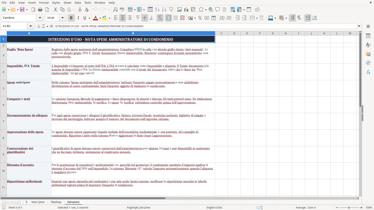 Schermata 3: scheda Istruzioni - Modello Excel nota spese amministratore condominio excel