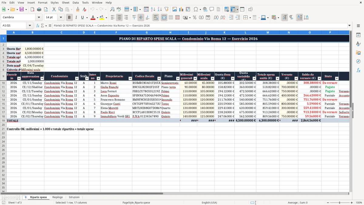 Schermata 1: scheda Riparto spese - Modello Excel piano riparto spese scala excel