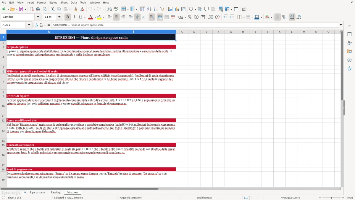 Schermata 3: scheda Istruzioni - Modello Excel piano riparto spese scala excel