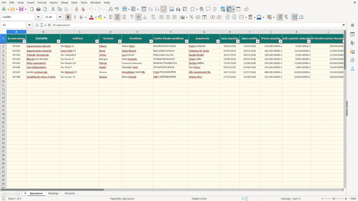 Schermata 1: scheda Operazioni - Modello Excel plusvalenza vendita immobile excel