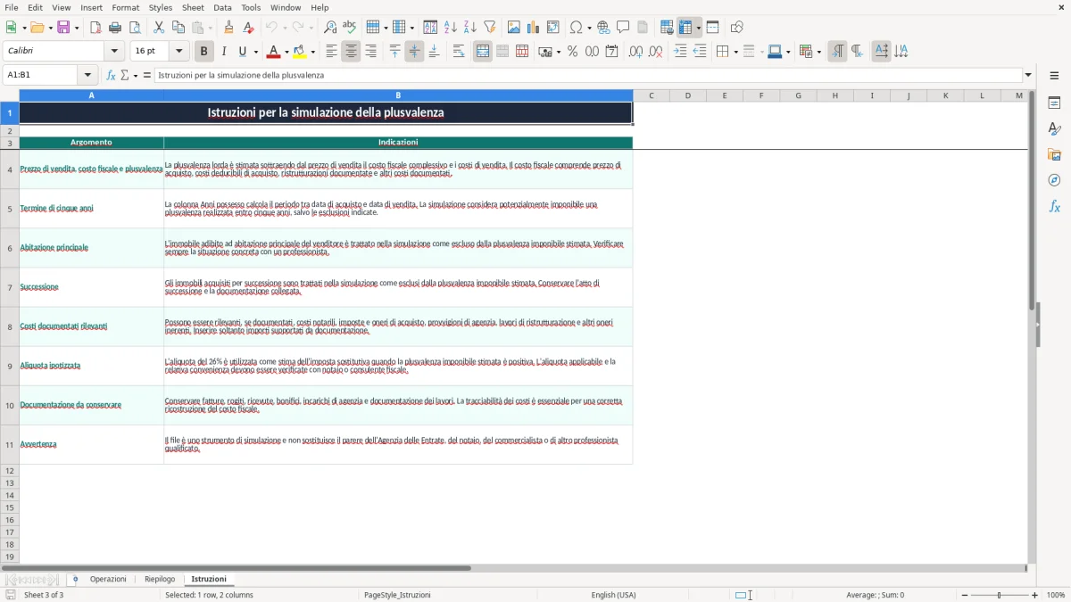 Schermata 3: scheda Istruzioni - Modello Excel plusvalenza vendita immobile excel