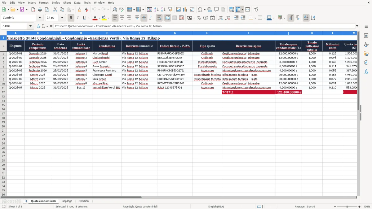 Schermata 1: scheda Quote condominiali - Modello Excel prospetto quote condominiali excel