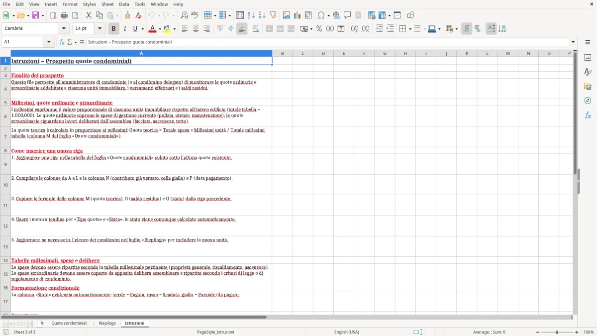 Schermata 3: scheda Istruzioni - Modello Excel prospetto quote condominiali excel