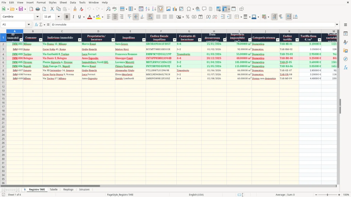 Schermata 1: scheda Registro TARI - Modello Excel tassa rifiuti immobile affittato excel