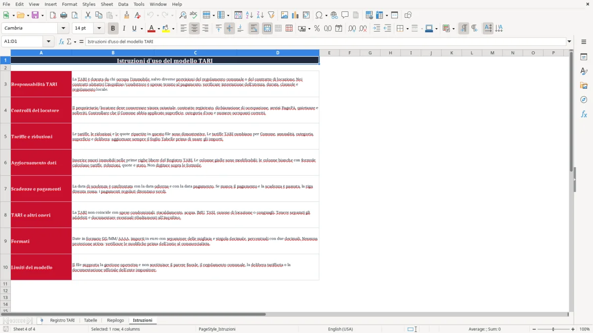Schermata 4: scheda Istruzioni - Modello Excel tassa rifiuti immobile affittato excel
