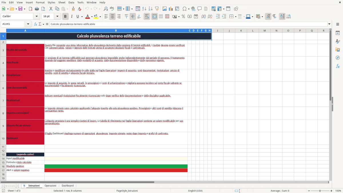 Schermata 1: scheda Istruzioni - Modello Excel calcolo plusvalenza terreno edificabile excel